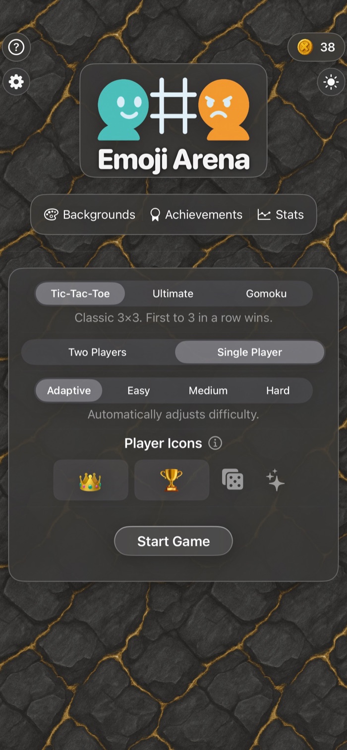 Emoji Arena home screen showing the Tic-Tac-Toe, Ultimate, and Gomoku game modes