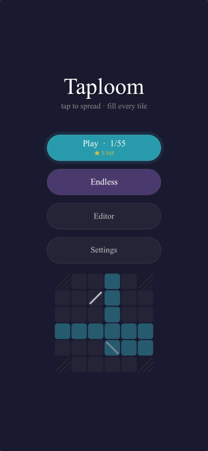 Taploom home screen with Play, Endless, Editor and Settings