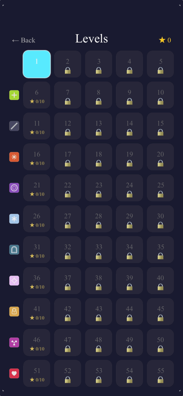 Taploom level select map showing 55 levels